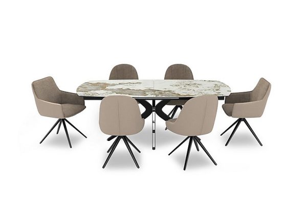 Jose Large Calcatta Marble Pop up Extending Dining Table with 4 Pebble Swivel Chairs and 2 Pebble Swivel Dining Arm Chairs | Bed Sava
