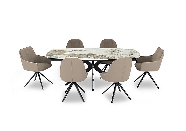 Jose Large Calcatta Marble Pop-up Extending Dining Table with 4 Pebble Swivel Chairs and 2 Pebble Swivel Dining Arm Chairs