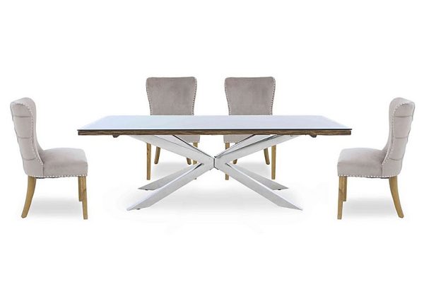 Kiara Large Rectangular Dining Table with Chrome Legs and 4 Luxe Fabric Chairs | Bed Sava