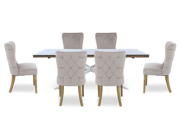 Kiara Large Rectangular Dining Table with Chrome Legs and 6 Luxe Fabric Chairs | Bed Sava
