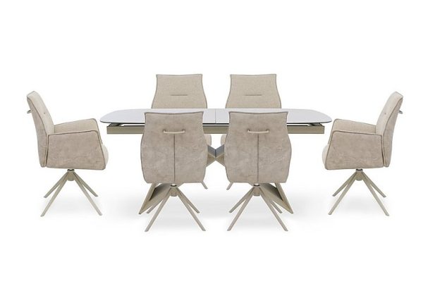 Mirage Large Extending Dining Table with 4 Swivel Chairs and 2 Swivel Dining Arm Chairs | Bed Sava