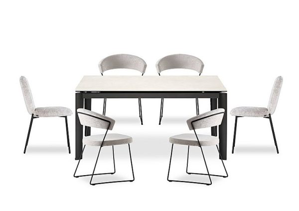 Connubia  Rosa 160cm Medium Extending Dining Table with Salt White Ceramic Top and Black Metal Legs and 4 New York Chairs and 2 Riley Chairs | Bed Sava