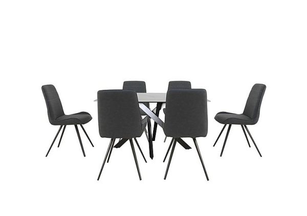 Samurai Compact Dining Table with White Ceramic Top and 6 Dark Grey Faux Leather Chairs | Bed Sava