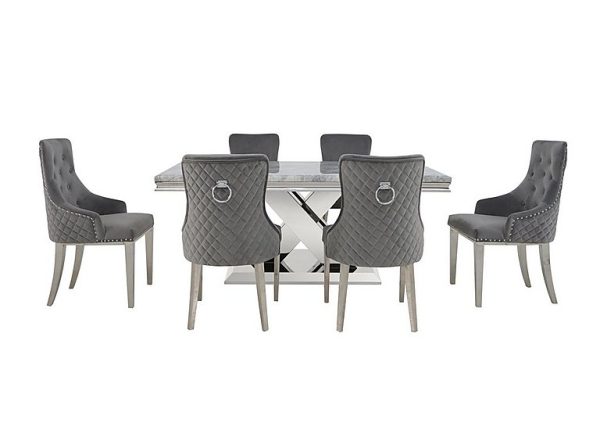Dolce Large Dining Table 4 Side Chairs and 2 Button Back Chairs  Silver | Bed Sava
