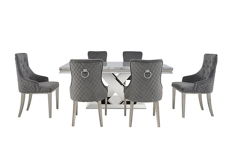 Dolce Large Dining Table, 4 Side Chairs and 2 Button Back Chairs - Silver