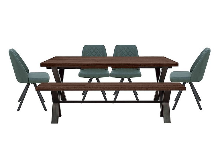 Mars Large Straight Edge Dining Table with 180cm Bench and 4 Faux Leather Swivel Chairs - Green