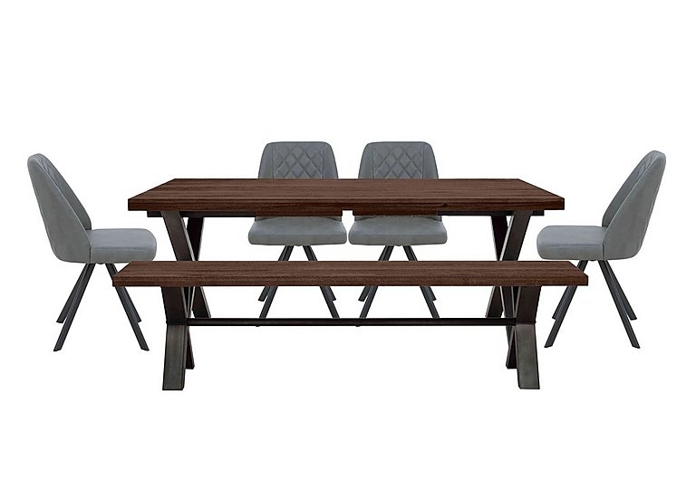 Mars Large Straight Edge Dining Table with 180cm Bench and 4 Faux Leather Swivel Chairs - Grey