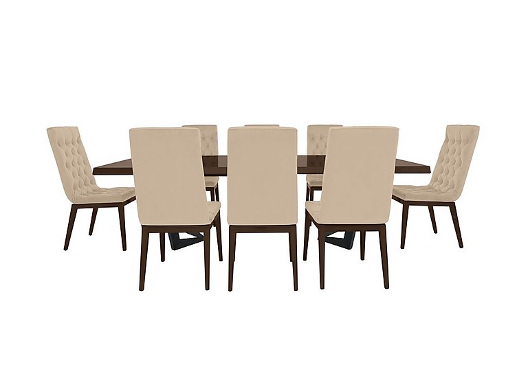 Palazzo 200cm Extending Dining Table in Dark Walnut with 8 Capitonne Buttoned Chairs - Aquos Cream