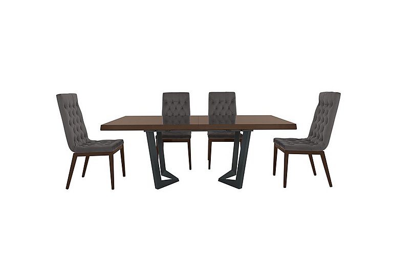 Palazzo 200cm Extending Dining Table in Dark Walnut with 4 Capitonne Buttoned Chairs - Aquos Dark Grey