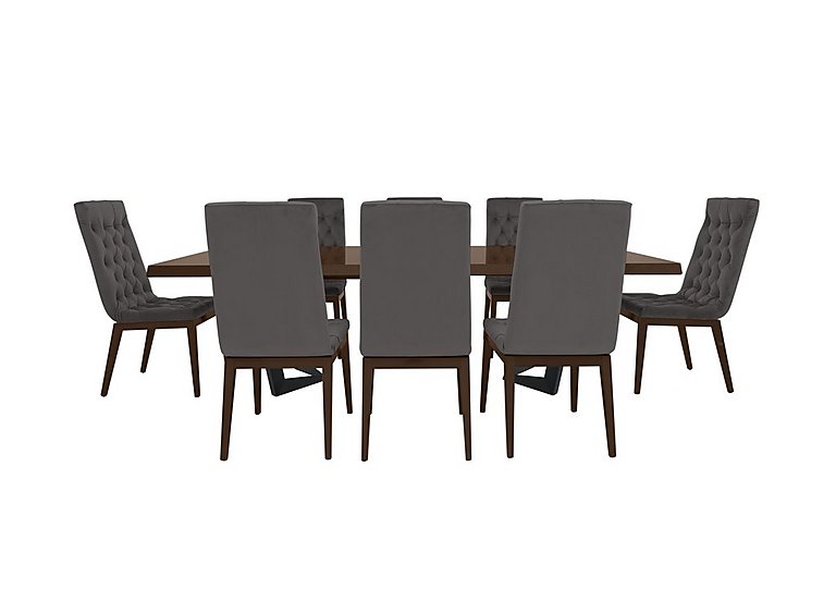 Palazzo 200cm Extending Dining Table in Dark Walnut with 8 Capitonne Buttoned Chairs - Aquos Dark Grey