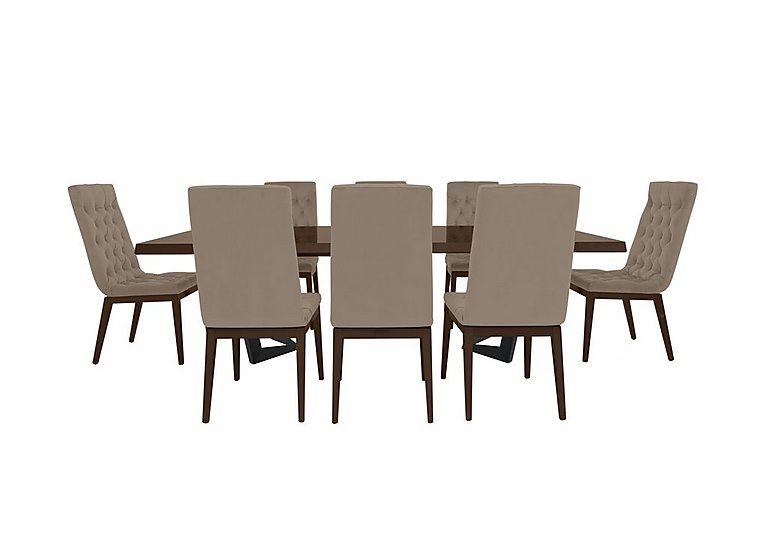 Palazzo 200cm Extending Dining Table in Dark Walnut with 8 Capitonne Buttoned Chairs - Aquos Taupe