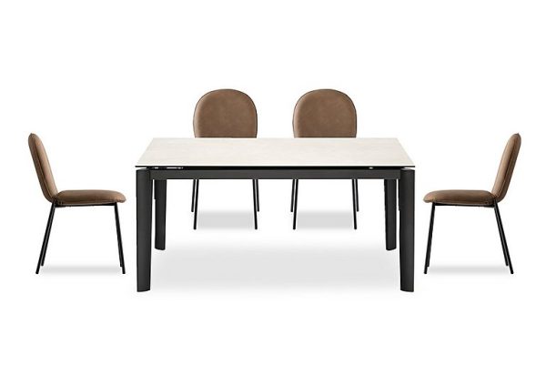 Connubia  Rosa 160cm Medium Extending Dining Table with Salt White Ceramic Top and Black Metal Legs and 4 Riley Chairs  Tobacco | Bed Sava