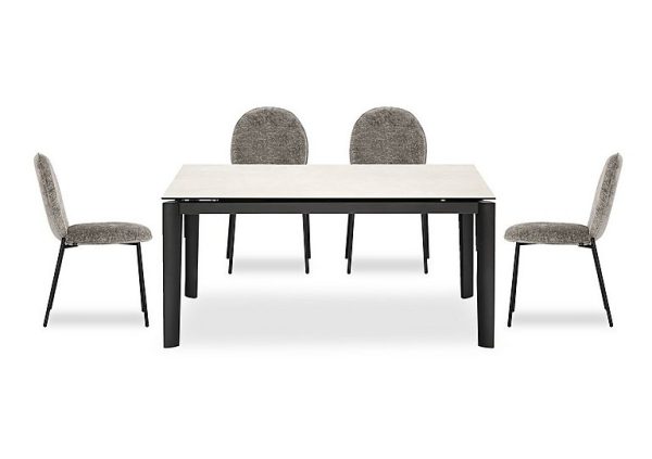 Connubia  Rosa 160cm Medium Extending Dining Table with Salt White Ceramic Top and Black Metal Legs and 4 Riley Chairs | Bed Sava