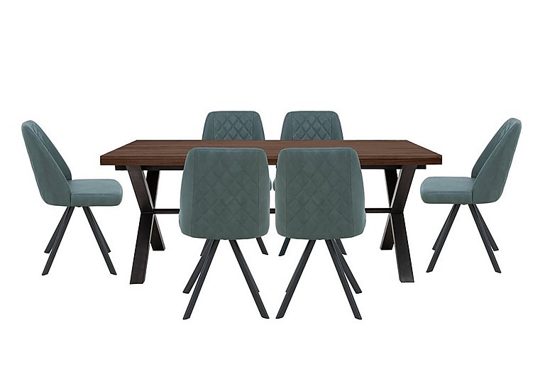Mars Large Straight Edge Dining Table with 6 Faux Leather Swivel Chairs - Green