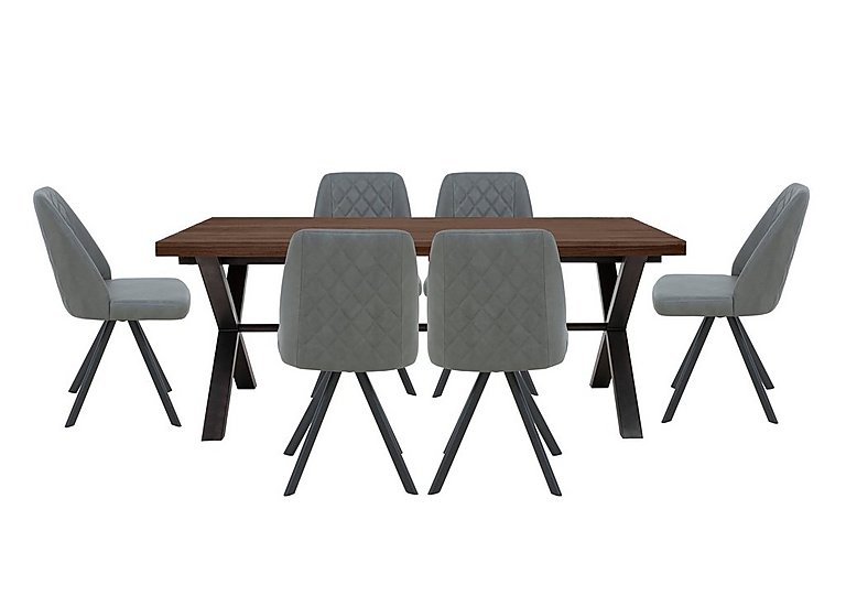 Mars Large Straight Edge Dining Table with 6 Faux Leather Swivel Chairs - Grey