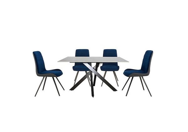 Samurai Compact Dining Table with White Ceramic Top and 4 Velvet Chairs  Blue | Bed Sava