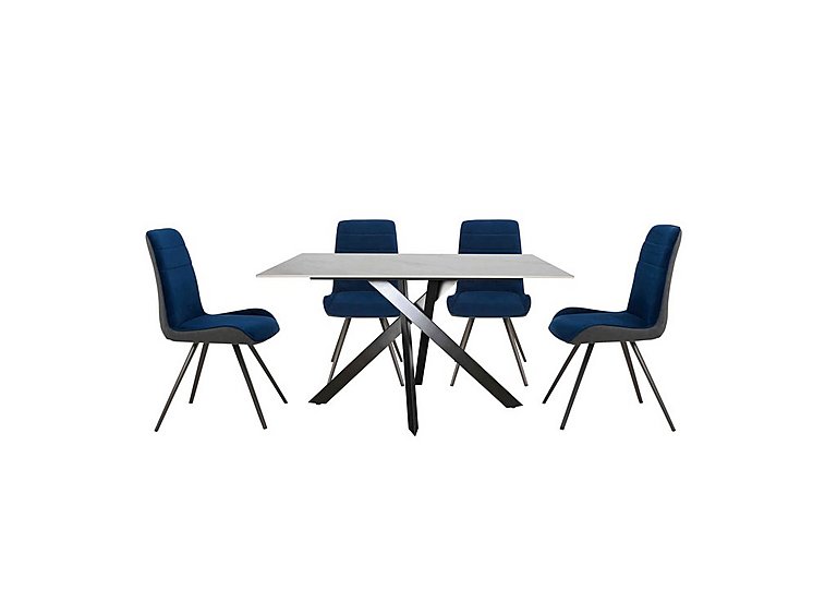 Samurai Compact Dining Table with White Ceramic Top and 4 Velvet Chairs - Blue