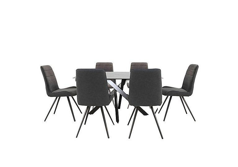 Samurai Compact Dining Table with White Ceramic Top and 6 Velvet Chairs - Grey