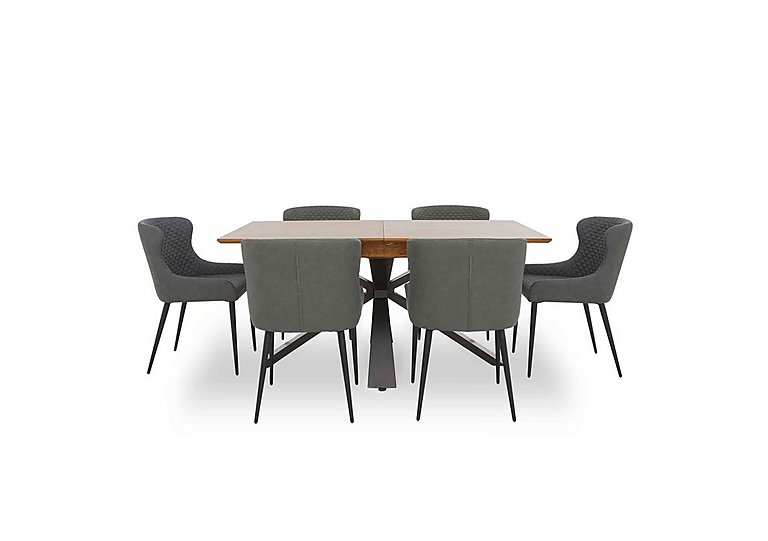 Hanoi Extending Table with Metal Base and 6 Faux Leather Dining Chairs - Slate Grey