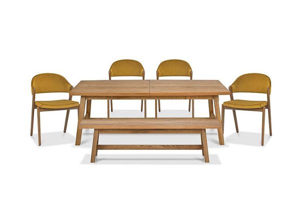 Stratford Large Extending Dining Table with Small Bench and 4 Fabric Chairs  Mustard Velvet | Bed Sava