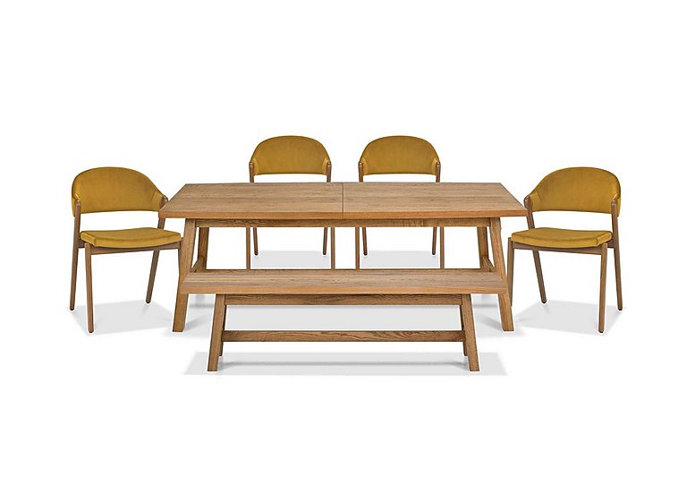 Stratford Large Extending Dining Table with Small Bench and 4 Fabric Chairs - Mustard Velvet