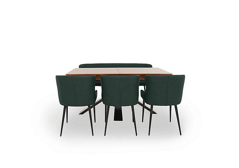 Hanoi Extending Dining Table with Metal Base and 3 Faux Leather Chairs and a Bench - Bottle Green