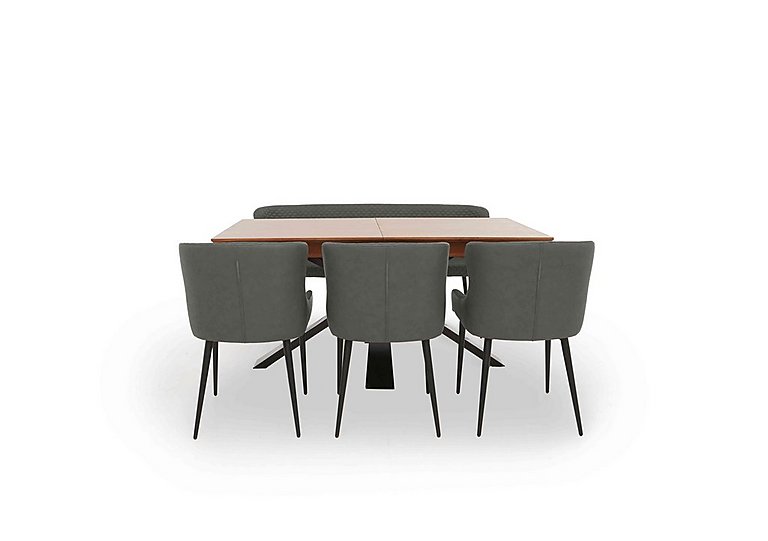 Hanoi Extending Dining Table with Metal Base and 3 Faux Leather Chairs and a Bench - Slate Grey