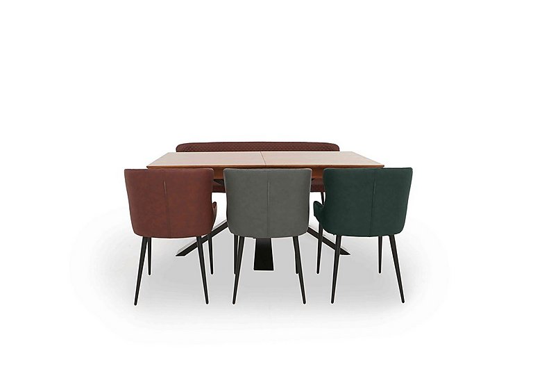 Hanoi Extending Dining Table with Metal Base and 3 Faux Leather Chairs and a Bench - Tan & Green & Grey