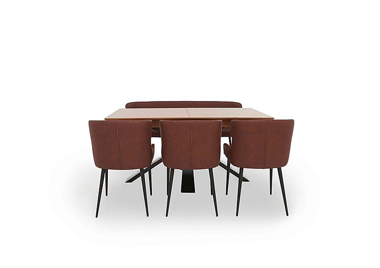 Hanoi Extending Dining Table with Metal Base and 3 Faux Leather Chairs and a Bench - Tan