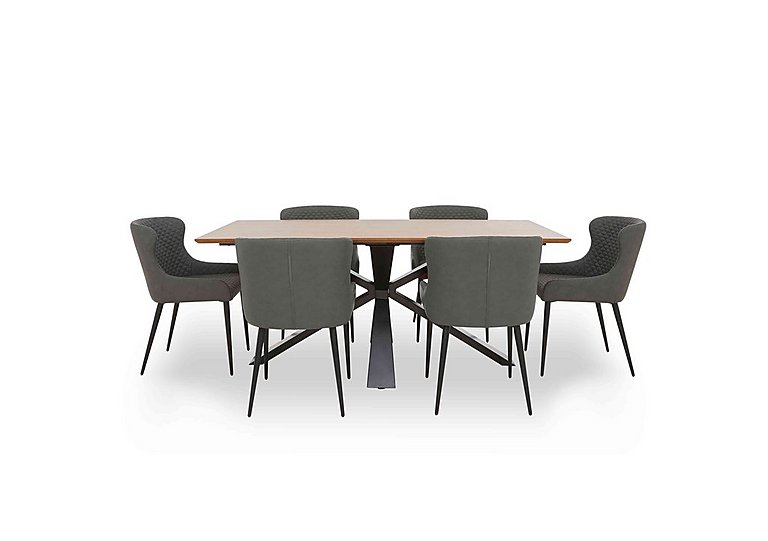 Hanoi Fixed Table with Metal Base and 6 Faux Leather Dining Chairs - Slate Grey