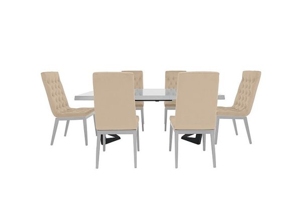 Palazzo 160cm Extending Dining Table in Glossy White with 6 Capitonne Buttoned Chairs  Aquos Cream | Bed Sava