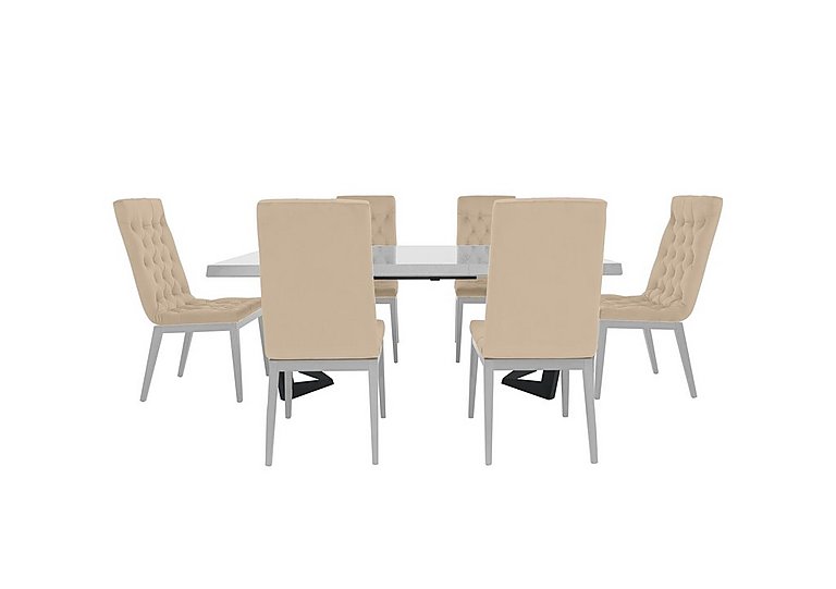 Palazzo 160cm Extending Dining Table in Glossy White with 6 Capitonne Buttoned Chairs - Aquos Cream