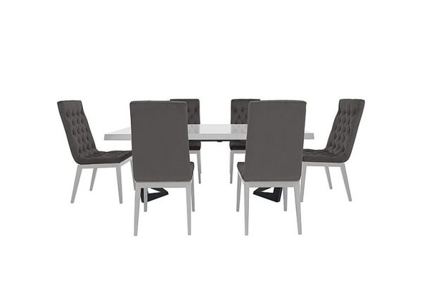 Palazzo 160cm Extending Dining Table in Glossy White with 6 Capitonne Buttoned Chairs  Aquos Dark Grey | Bed Sava