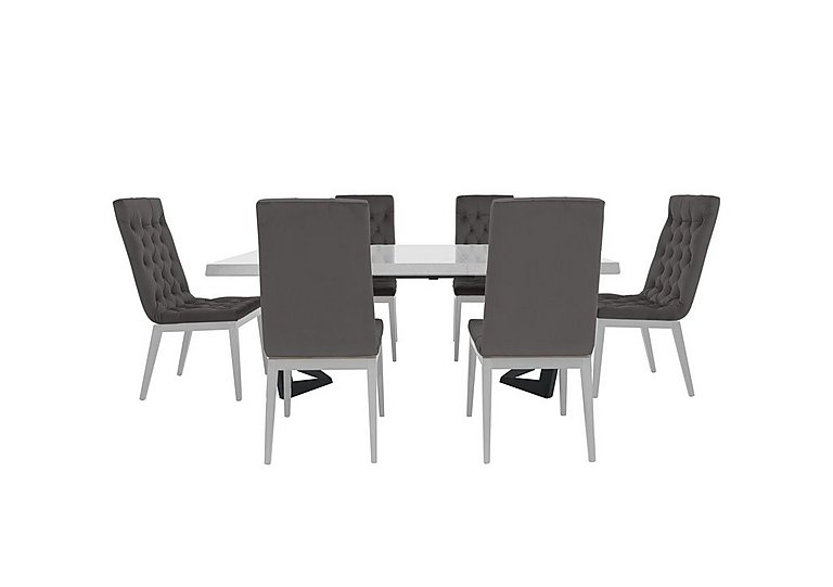 Palazzo 160cm Extending Dining Table in Glossy White with 6 Capitonne Buttoned Chairs - Aquos Dark Grey