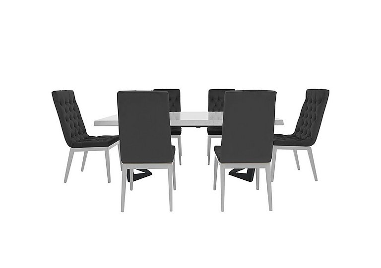 Palazzo 160cm Extending Dining Table in Glossy White with 6 Capitonne Buttoned Chairs - Scarlet Dark Grey