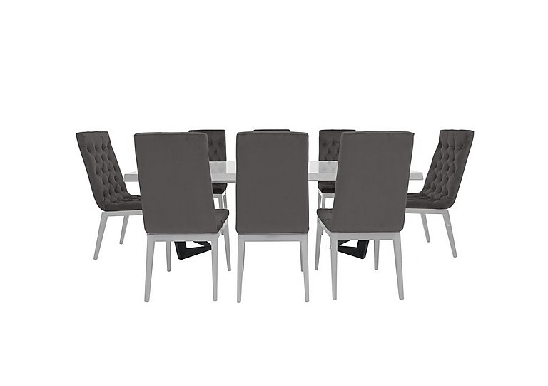 Palazzo 160cm Extending Dining Table in Glossy White with 8 Capitonne Buttoned Chairs - Aquos Dark Grey