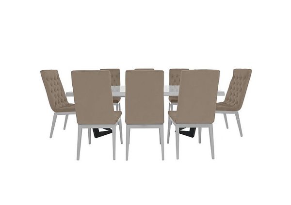 Palazzo 160cm Extending Dining Table in Glossy White with 8 Capitonne Buttoned Chairs  Aquos Taupe | Bed Sava