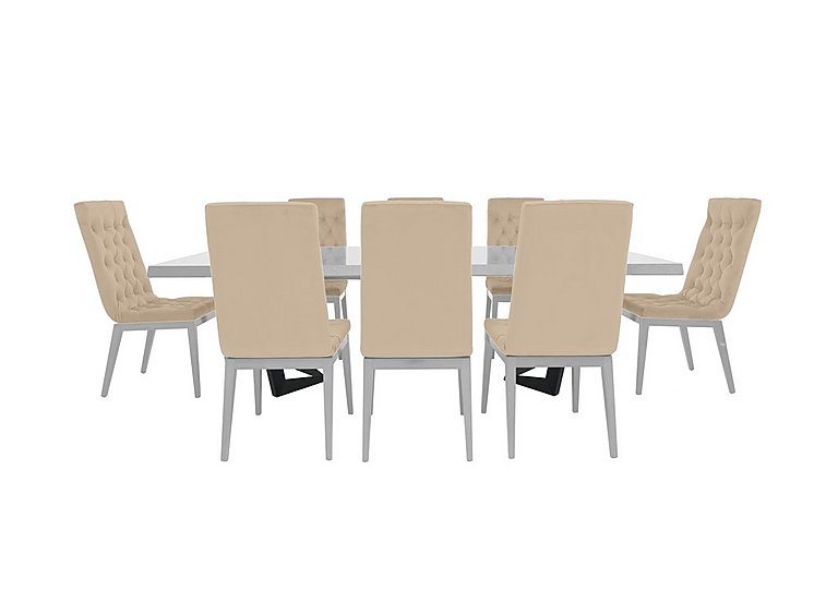Palazzo 200cm Extending Dining Table in Glossy White with 8 Capitonne Buttoned Chairs - Aquos Cream