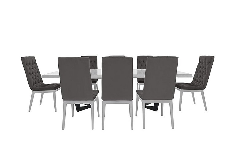 Palazzo 200cm Extending Dining Table in Glossy White with 8 Capitonne Buttoned Chairs - Aquos Dark Grey