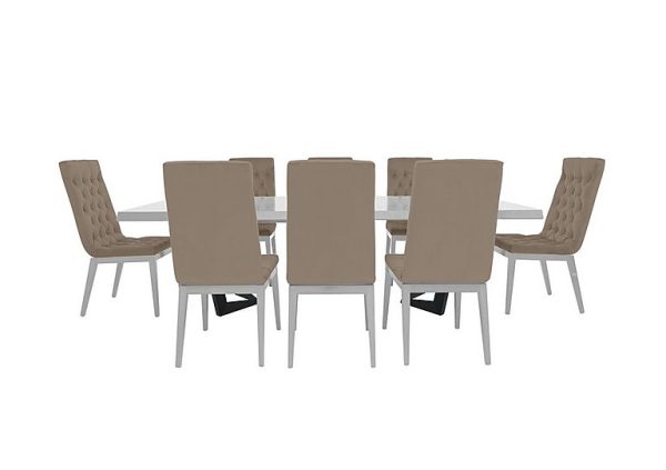 Palazzo 200cm Extending Dining Table in Glossy White with 8 Capitonne Buttoned Chairs  Aquos Taupe | Bed Sava