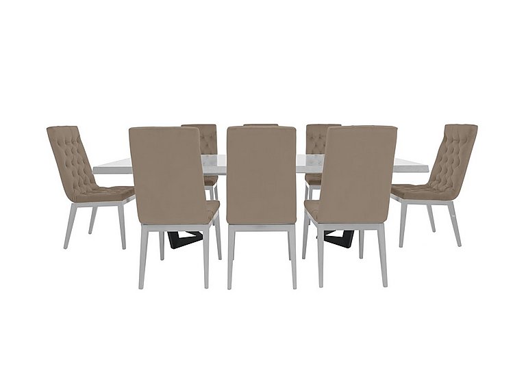 Palazzo 200cm Extending Dining Table in Glossy White with 8 Capitonne Buttoned Chairs - Aquos Taupe