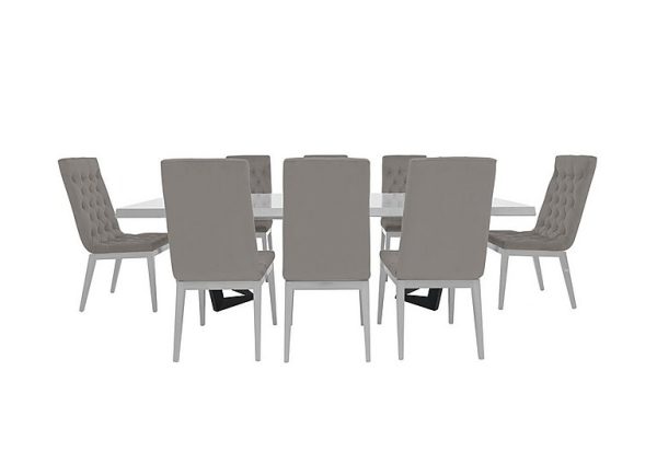 Palazzo 200cm Extending Dining Table in Glossy White with 8 Capitonne Buttoned Chairs  Scarlet Silver | Bed Sava