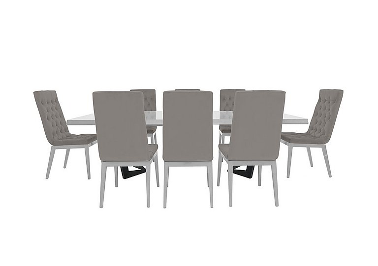 Palazzo 200cm Extending Dining Table in Glossy White with 8 Capitonne Buttoned Chairs - Scarlet Silver