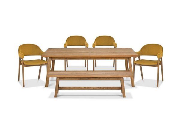 Stratford Large Extending Dining Table with Small Bench and 4 Fabric Dining Arm Chairs  Mustard Velvet | Bed Sava