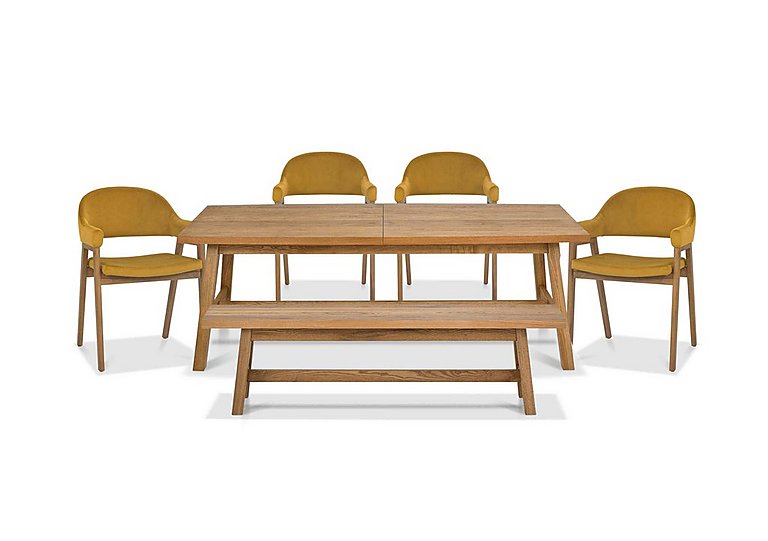 Stratford Large Extending Dining Table with Small Bench and 4 Fabric Dining Arm Chairs - Mustard Velvet