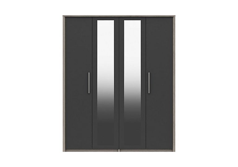 London Bedrooms  Euston 4 Door Tall Wardrobe with Mirrors  Grey OakGraphite Gloss | Bed Sava