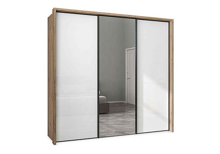 Wiemann - Dallas 235cm 3 Door Sliding Glass Wardrobe with Centre Mirror Door - Bianco Oak and White