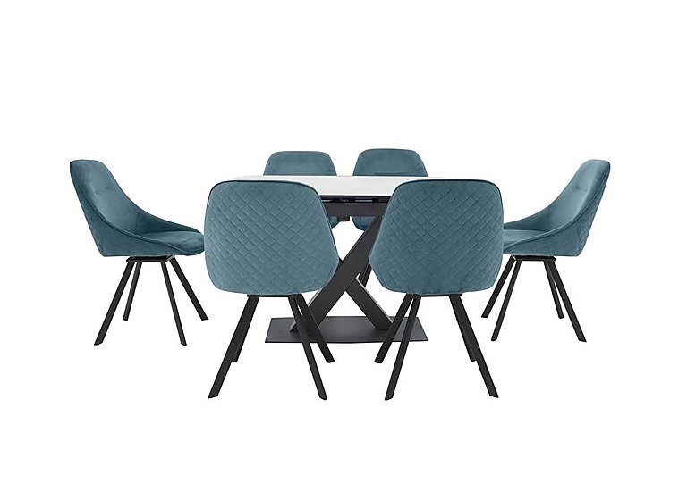 Arctic Extending Dining Table with White Top and 6 Swivel Chairs - Blue