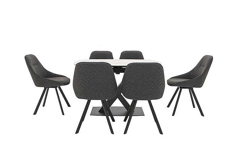Arctic Extending Dining Table with White Top and 6 Swivel Chairs - Dark Grey