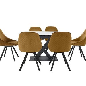 Arctic Extending Dining Table with White Top and 6 Swivel Chairs  Mustard Velvet | Bed Sava